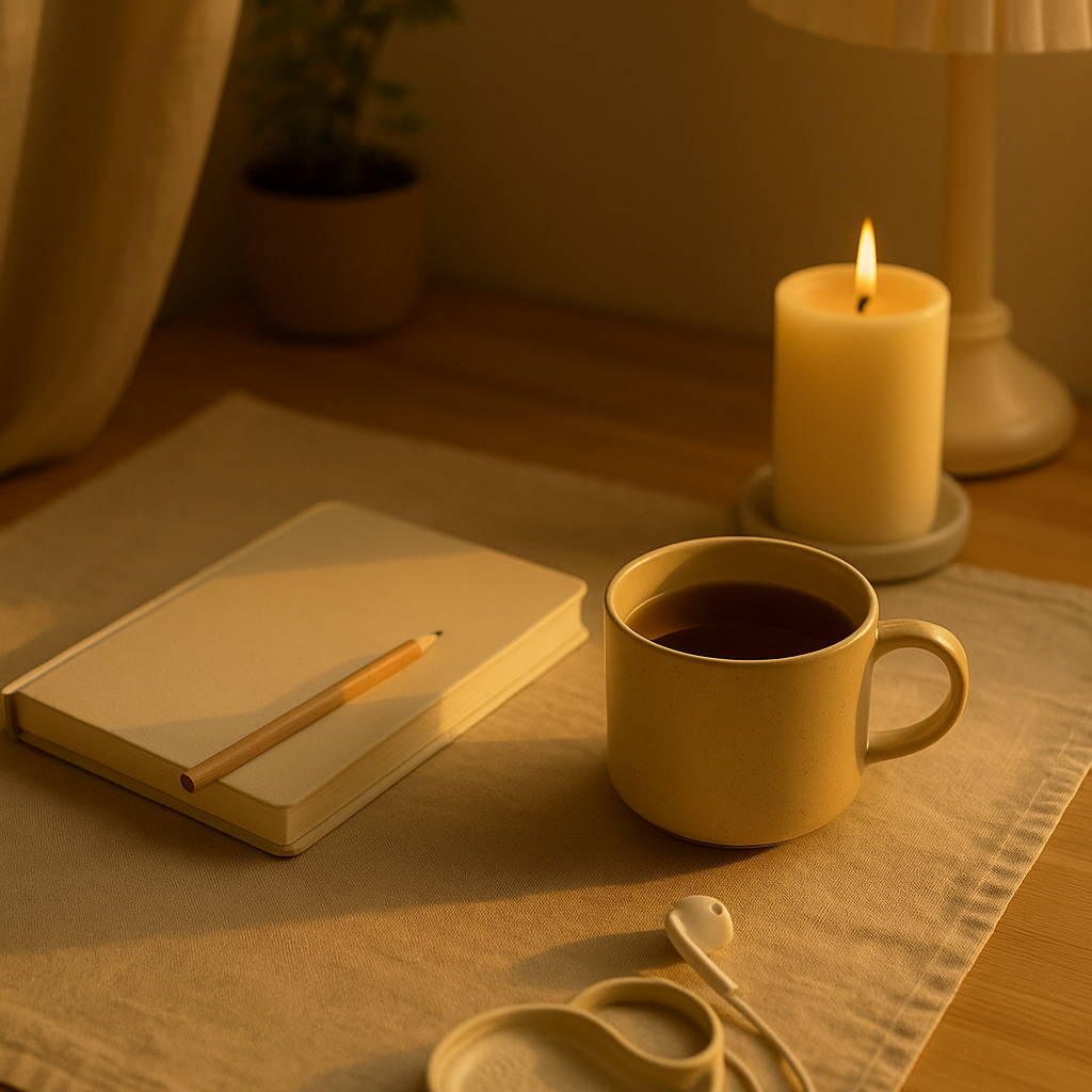 Cup of coffee on a table with a lit candle and notebook in a warm, cozy setting.