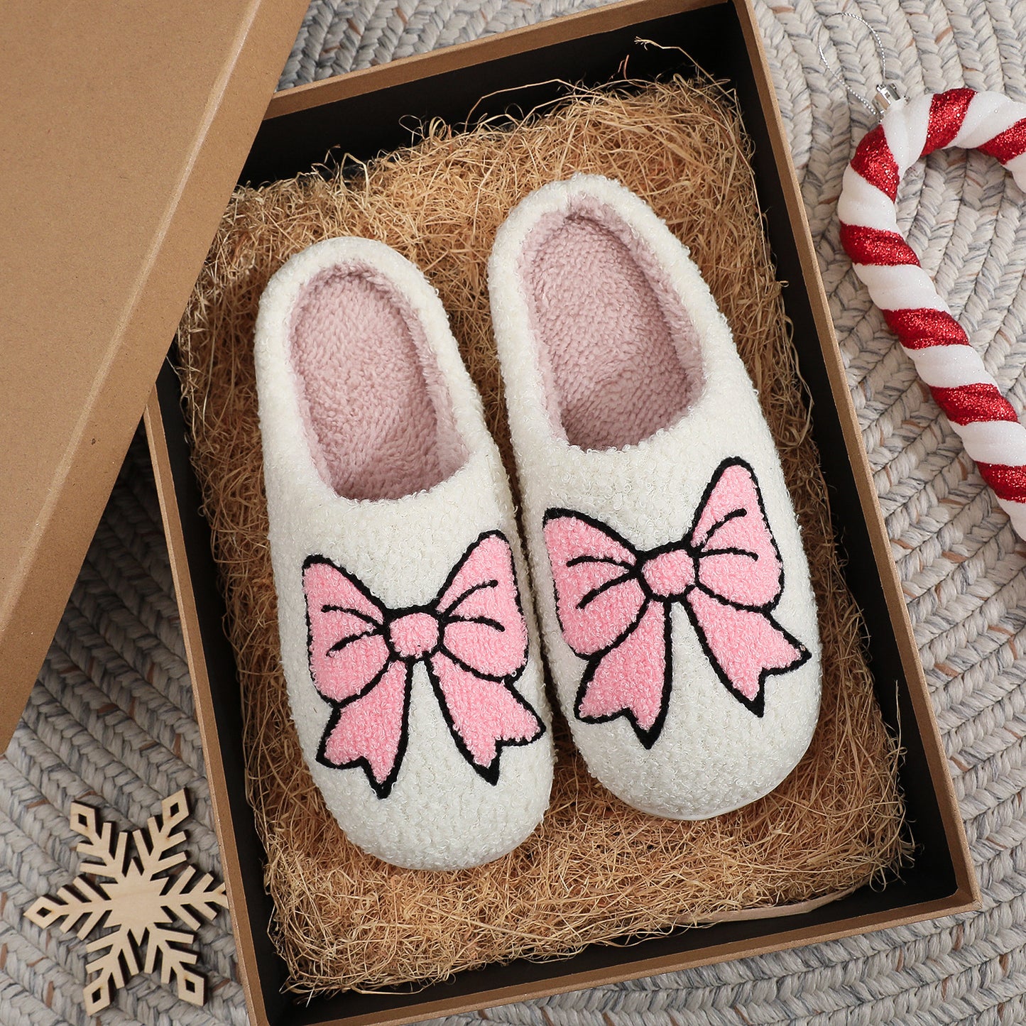 Soft Girl Bow Slippers - Cozy Cotton House Shoes with Cute Ribbon Detail