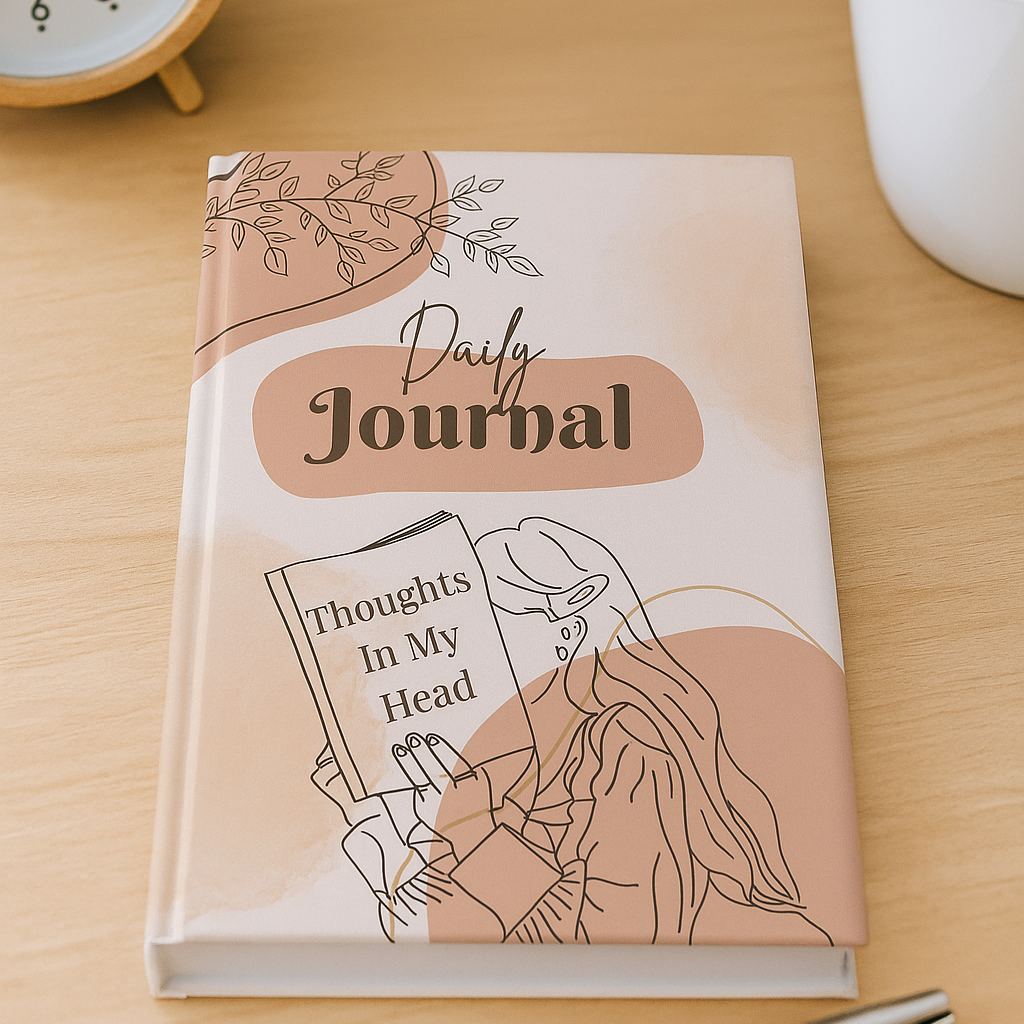 Journal with 'Daily Journal' and 'Thoughts In My Head' text on a wooden surface with a pen and plant.