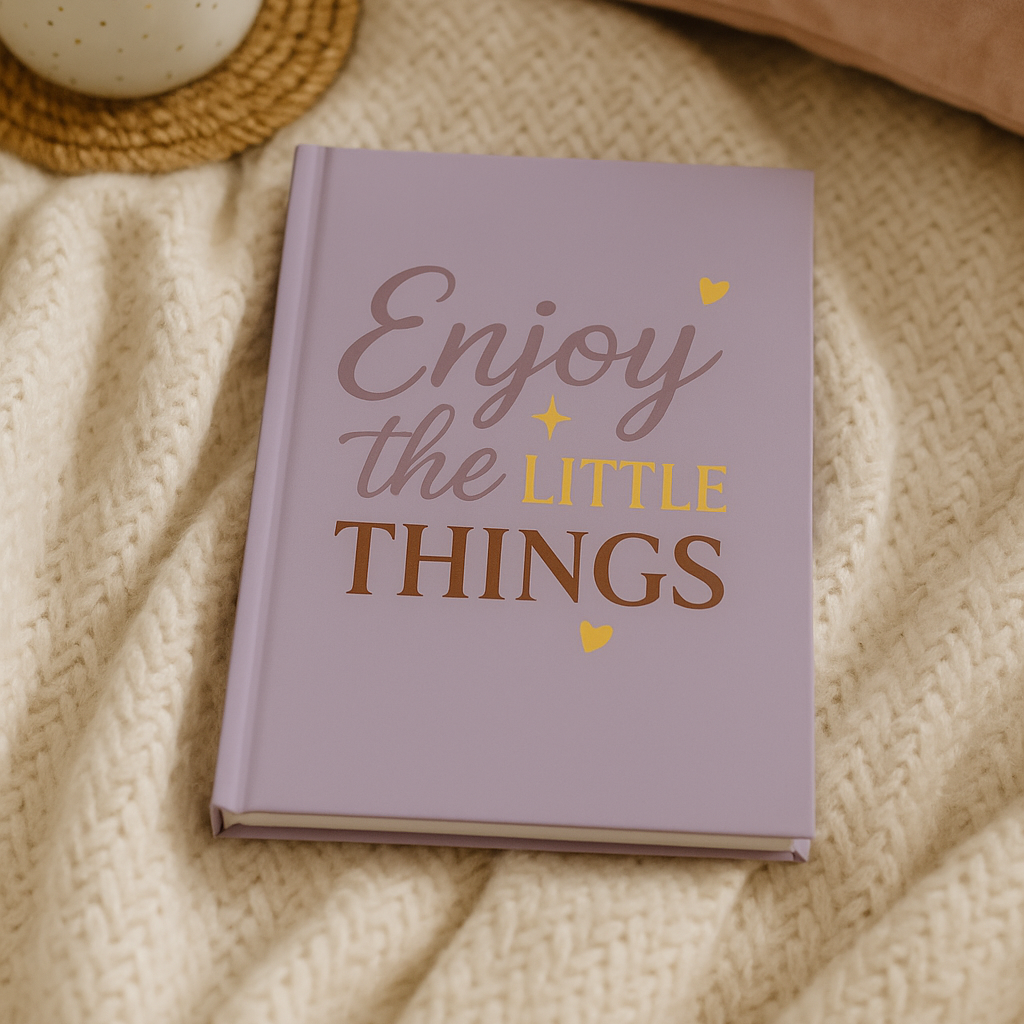 Notebook with 'Enjoy the Little Things' text on a soft surface with a mug and heart decorations.