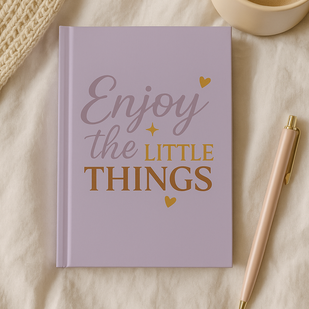 Notebook with 'Enjoy the Little Things' text on a soft surface with a cup and pen.