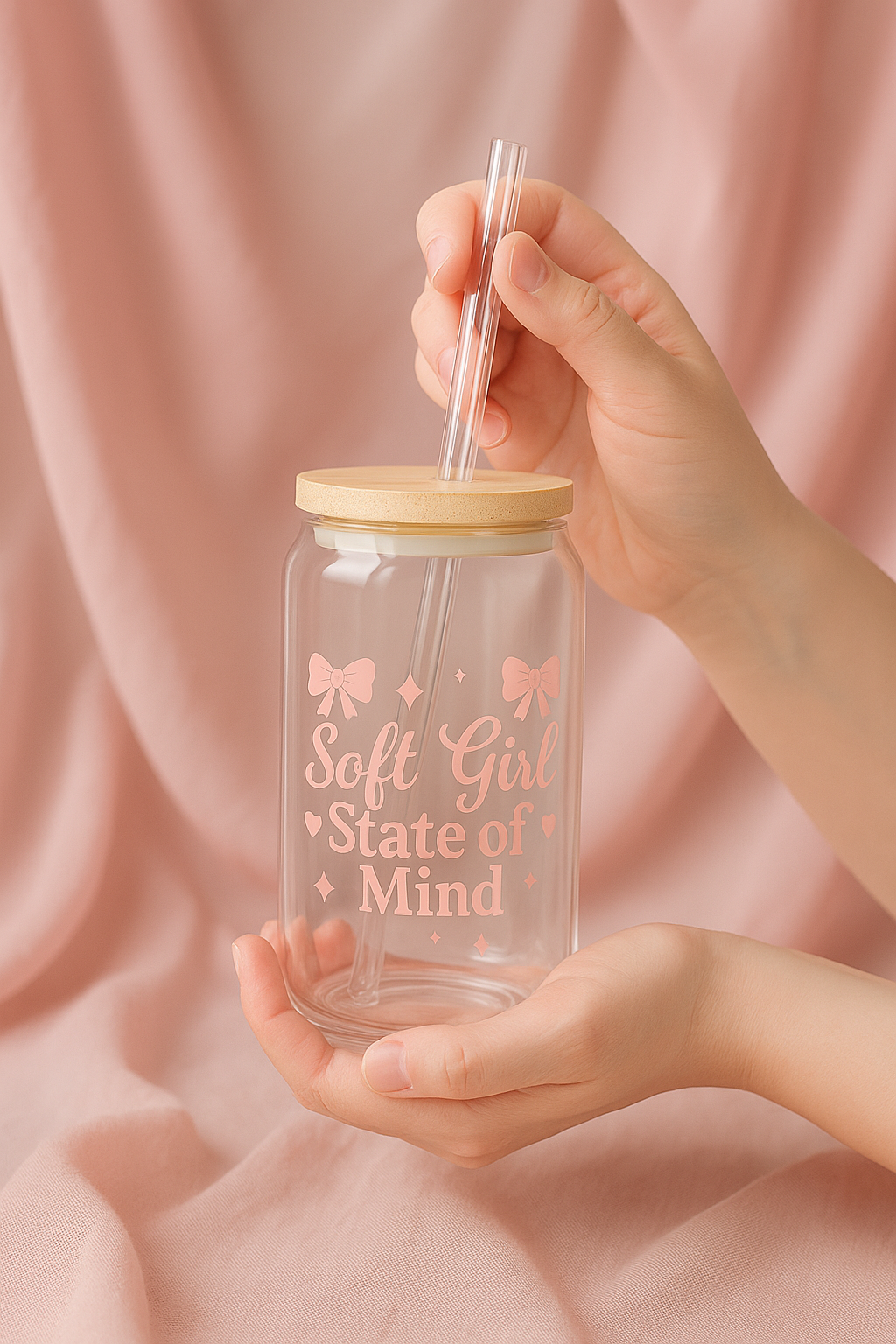 Soft Girl State of Mind Glass Cup with Bamboo Lid & Straw