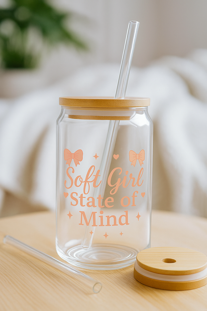Soft Girl State of Mind Glass Cup with Bamboo Lid & Straw