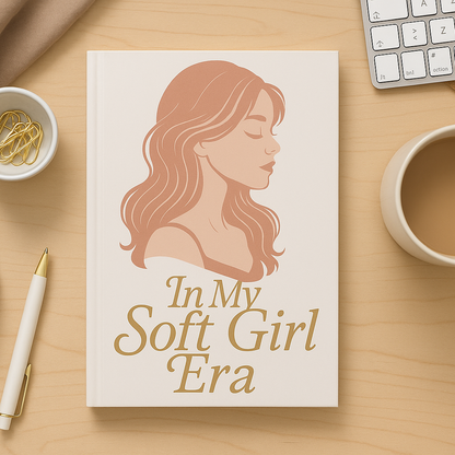 Book titled 'In My Soft Girl Era' on a desk with a cup of coffee, keyboard, and pen.
