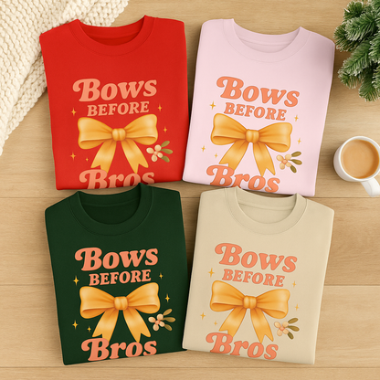 Bows Before Bros Christmas Sweatshirt | Soft Girl Christmas Crewneck | Cozy Festive Pullover for Women