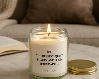 Scented candle with inspirational quote "You Deserve Quiet Luxury and Loud Boundaries", calming aroma for relaxation, self care gift