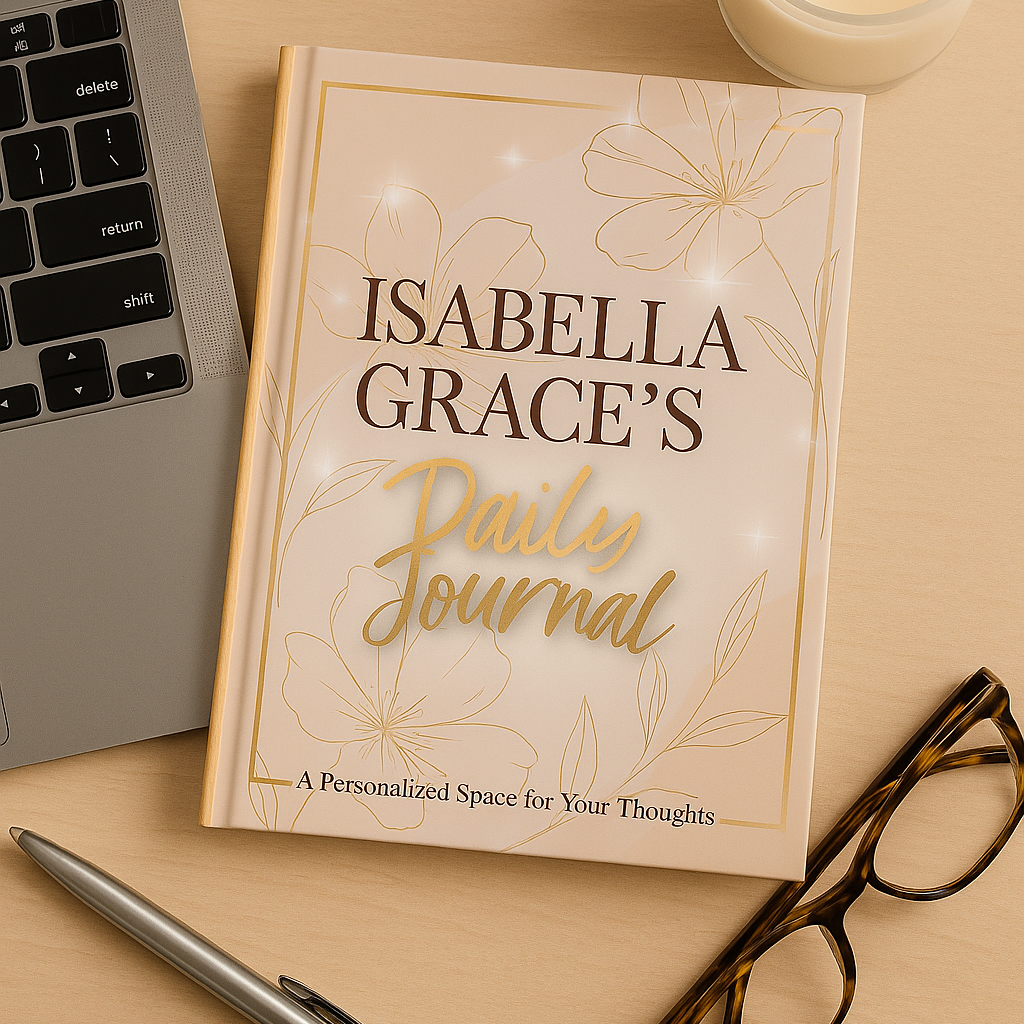 Journal titled 'Isabella Grace's Paideia Journal' on a desk with a laptop, pen, glasses, and candle.