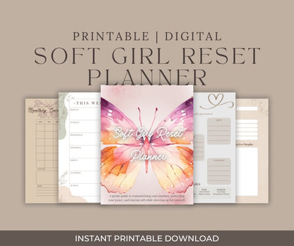 Digital soft girl reset planner with butterfly design on a beige background