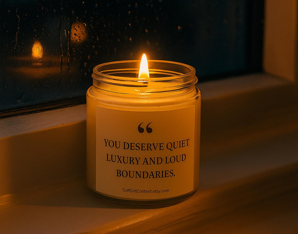 Scented candle with inspirational quote "You Deserve Quiet Luxury and Loud Boundaries", calming aroma for relaxation, self care gift