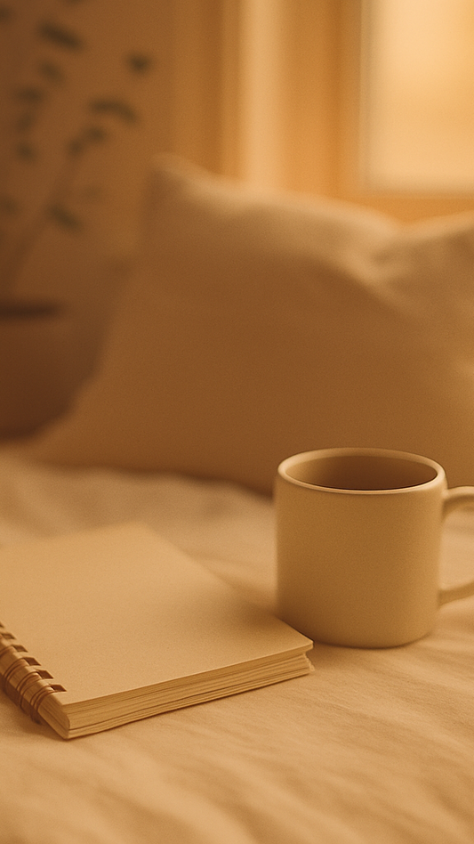 Cup and notebook on a bed with warm lighting