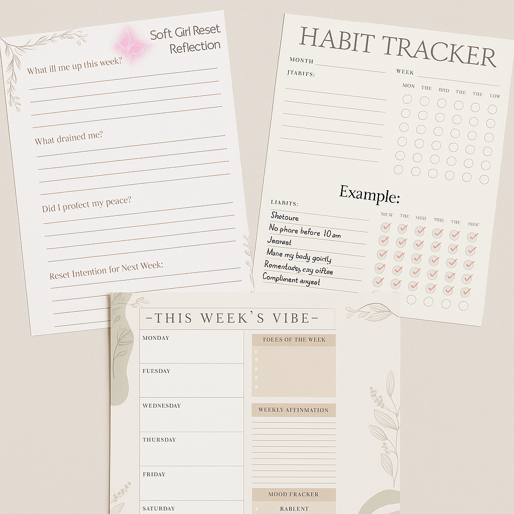 Set of habit tracker and reflection sheets on a beige background