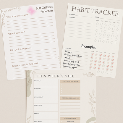 Set of habit tracker and reflection sheets on a beige background