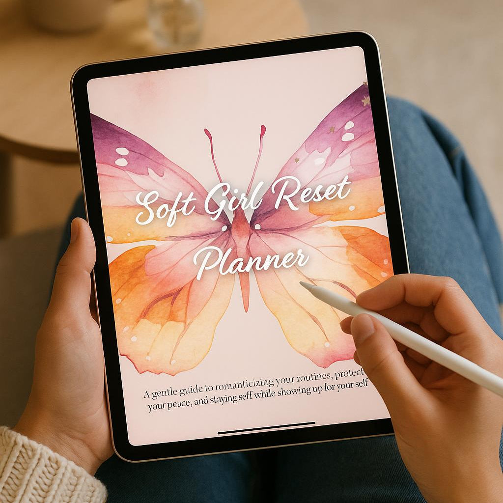 Person holding a tablet with 'Soft Girl Reset Planner' on a pink and orange butterfly design.